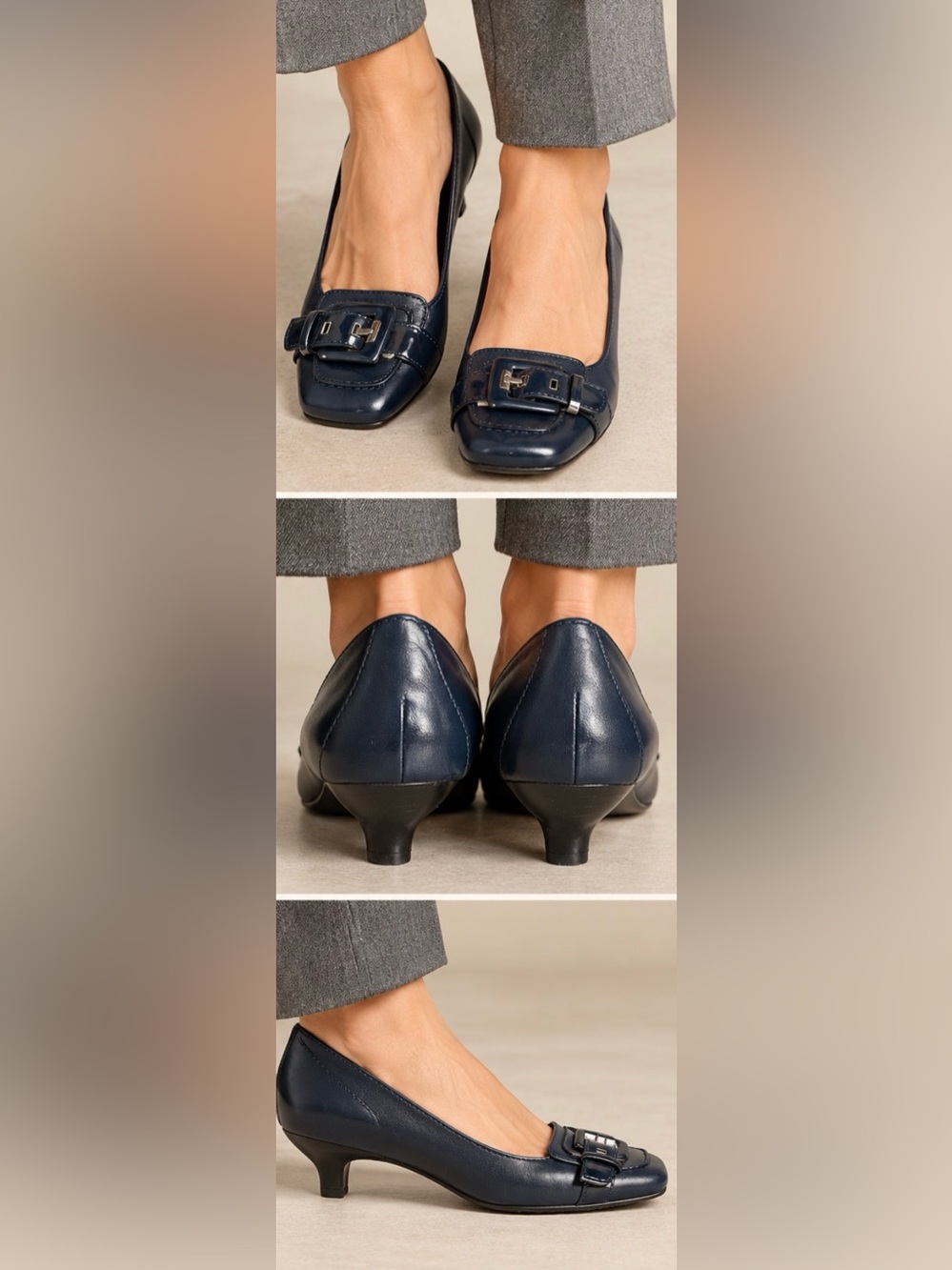 Paolo Navy Leather Low Heel Slip-Ons w Kitten Heel & Patent Leather Buckle (10)